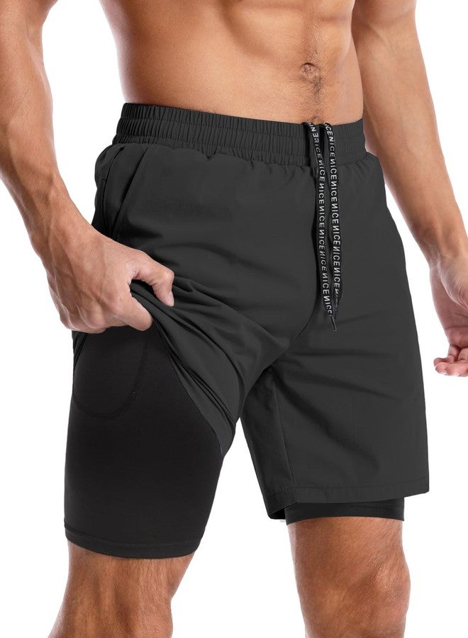 Aolesy Men’s 2 in 1 Running Shorts 7 Inch Quick Dry Workout Gym Shorts with Pockets Tennis Training Athletic Shorts with Liner for Men Black - Image 1